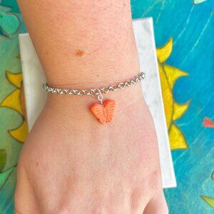Orange Butterfly Charm Silver Chain Bracelet